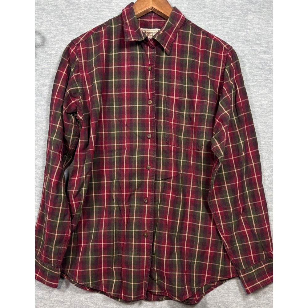 Vtg 90s Abercrombie & Fitch Mens M Shirt Plaid Burgundy Green Cotton Button Up